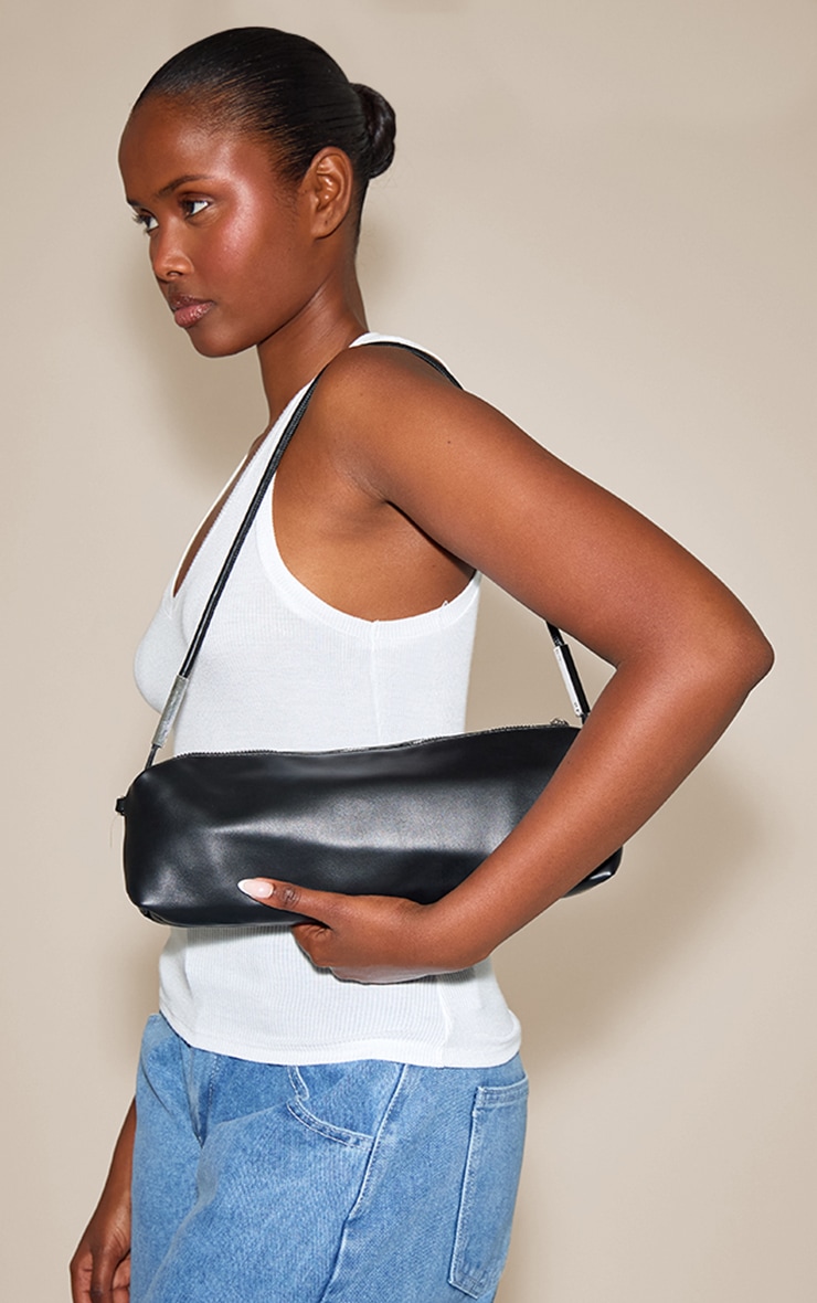 Black Soft PU Silver Hardware Shoulder Bag image 1