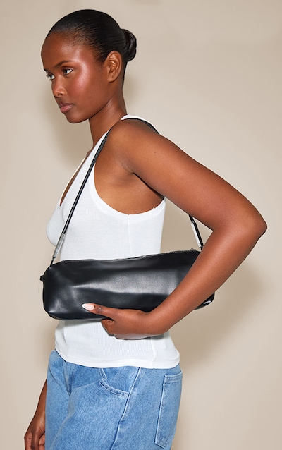 Black Soft PU Silver Hardware Shoulder Bag