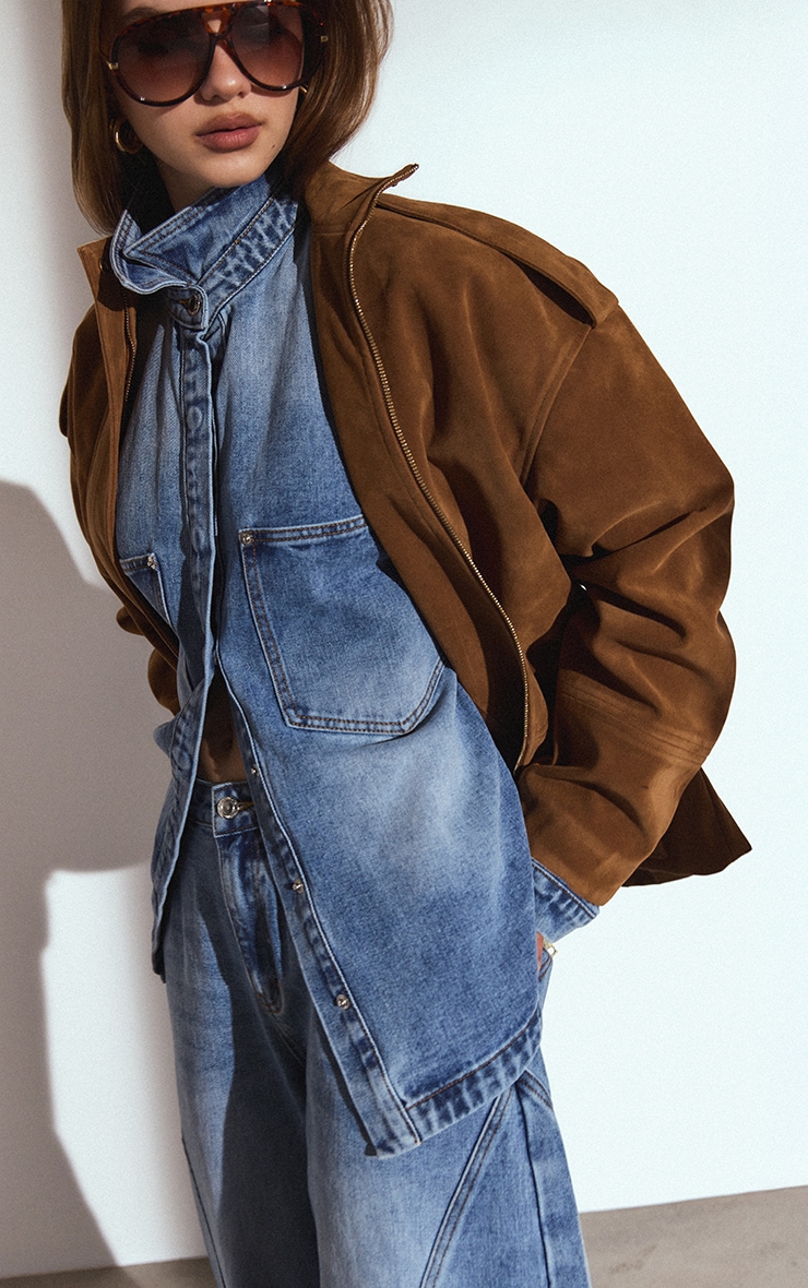 Tan Funnel Neck Concealed Placket Longline Suede Jacket  image 4