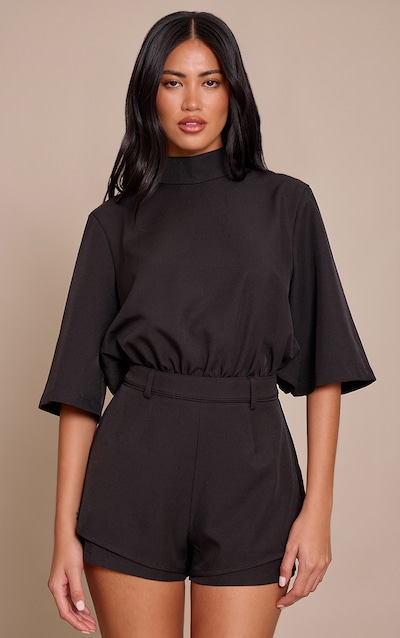 Black Woven Short Sleeve Tailored Playsuit