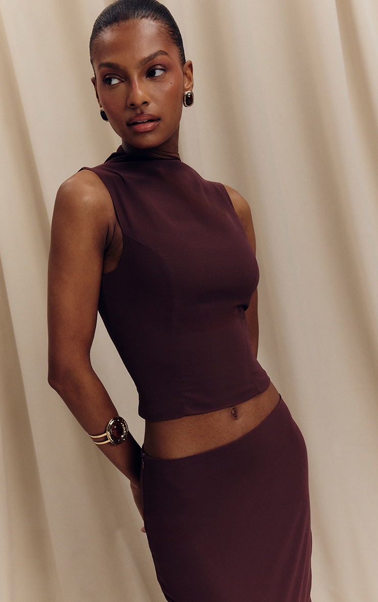 Dark Plum Chiffon High Neck Cowl Top image 3