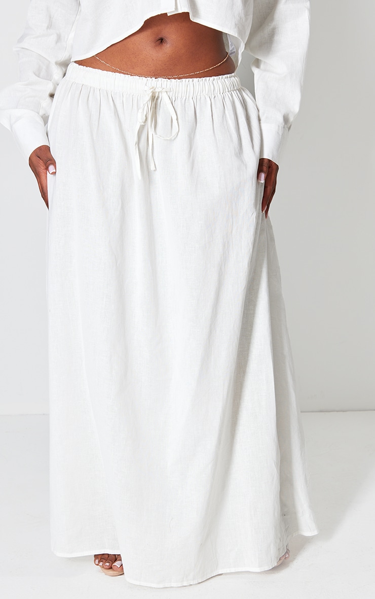 Plus White Linen Look Drawstring Waist Maxi Skirt image 2