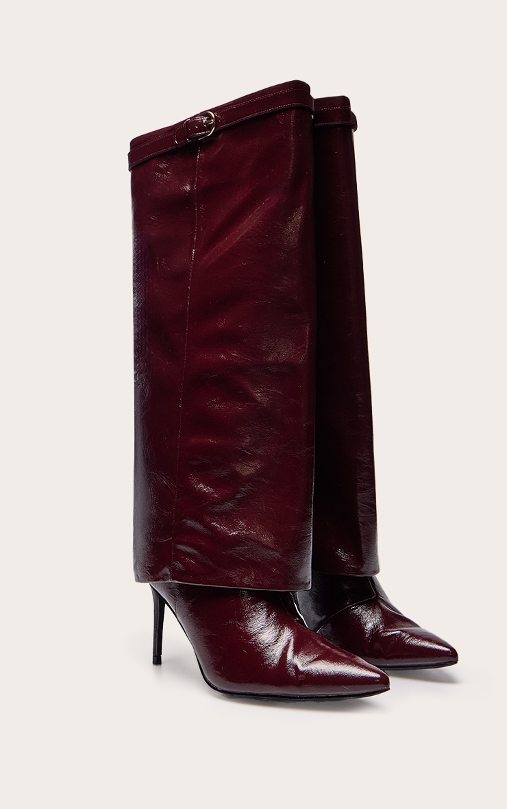 Burgundy Crinkle Fold Over Heeled Knee High Boot image 3