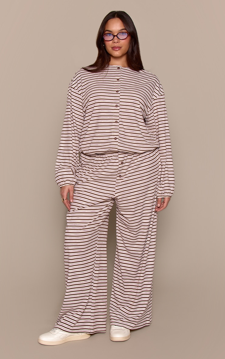 Plus Dark Brown Stripe Soft Rib Relaxed Elasticated Pants