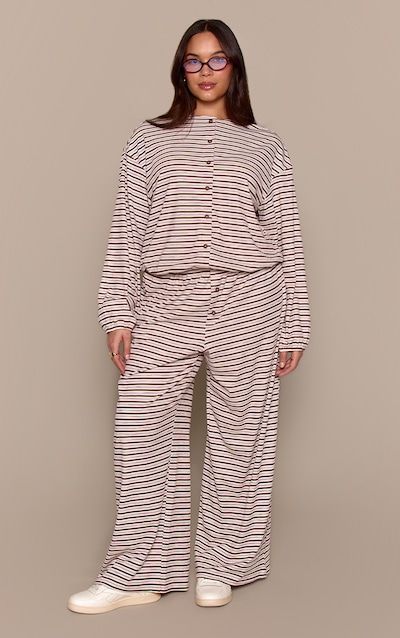 Plus Dark Brown Stripe Soft Rib Relaxed Elasticated Trousers