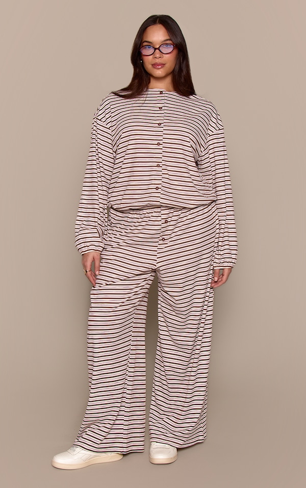 Plus Dark Brown Stripe Soft Rib Relaxed Elasticated Pants