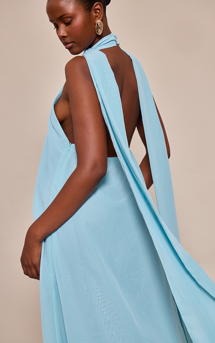 Dusty Blue Chiffon High Neck Scarf Detail Maxi Dress image 4