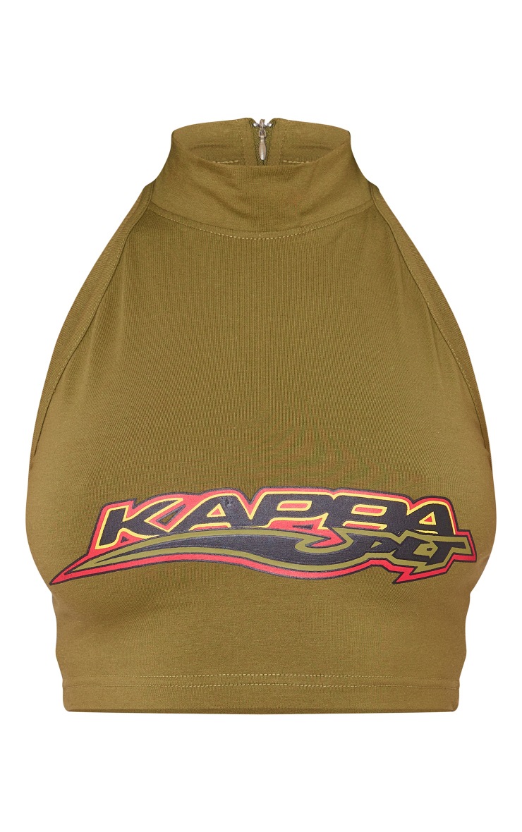  Kappa Khaki Printed Logo Racer Neck Zip Up Crop Top image 6