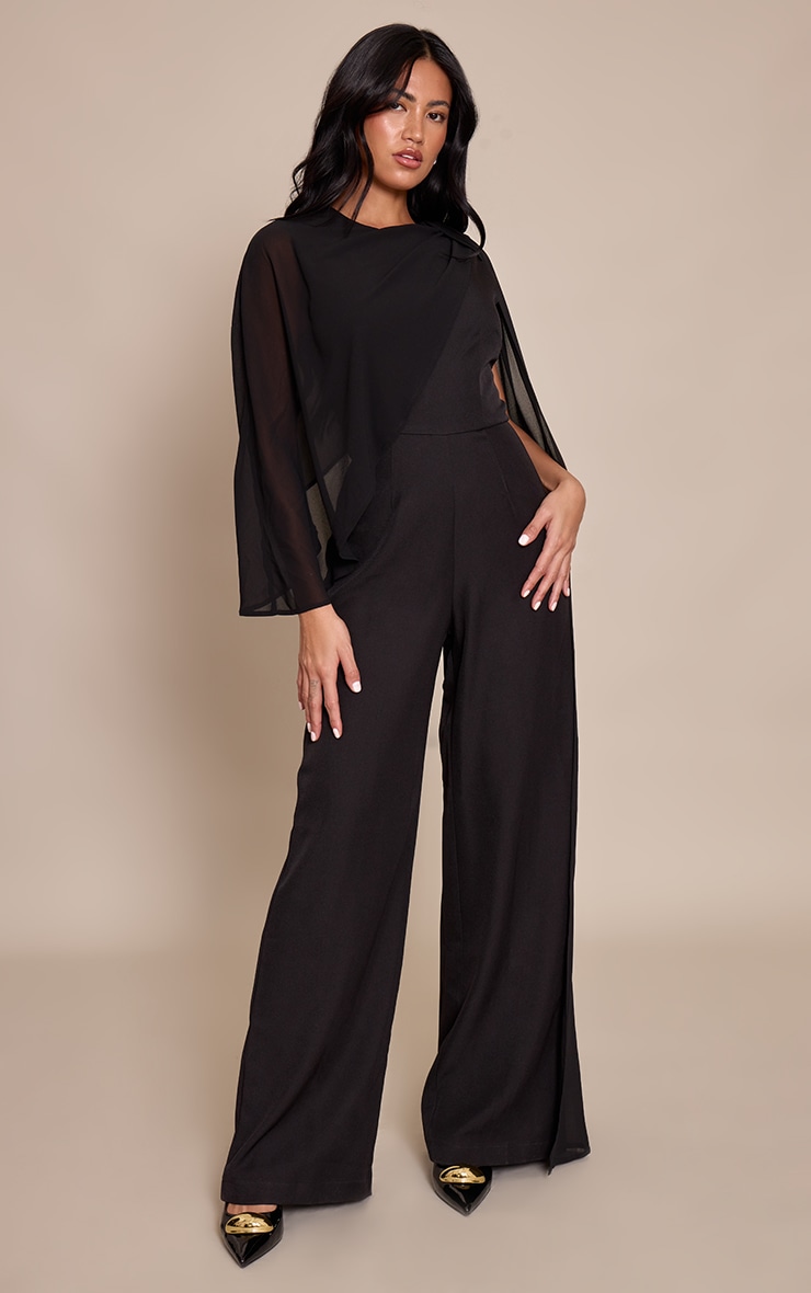 Black Chiffon Cape Detail Straight Leg Jumpsuit