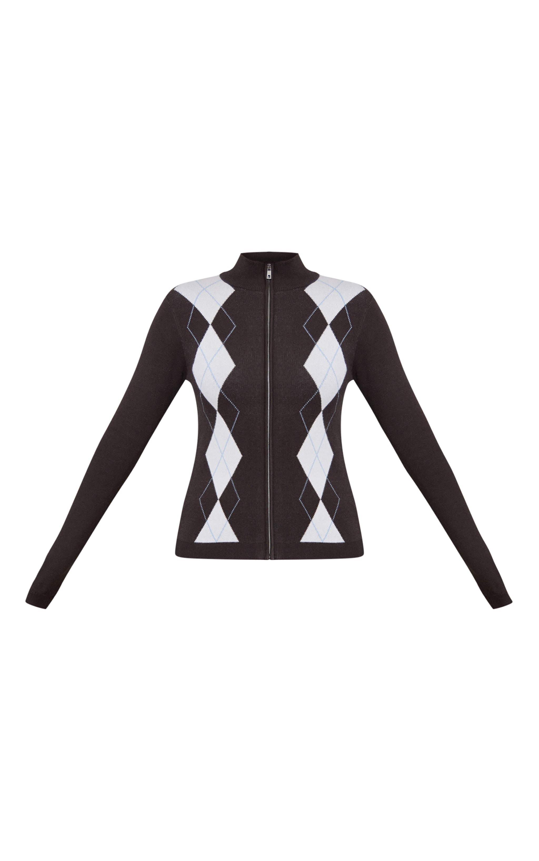 Chocolate Argyle High Neck Zip Up Cardigan image 5