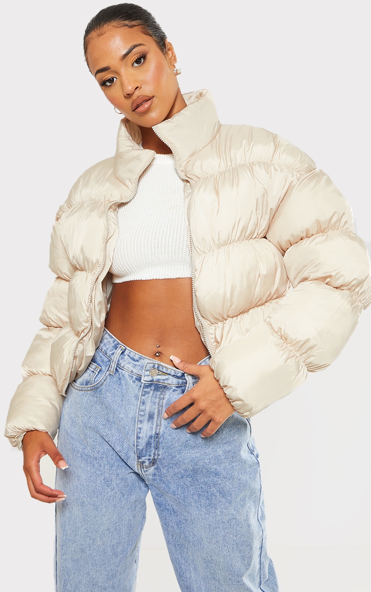 PRETTYLITTLETHING Tall Stone Embroidered Logo Cropped Bubble Puffer Jacket image 1