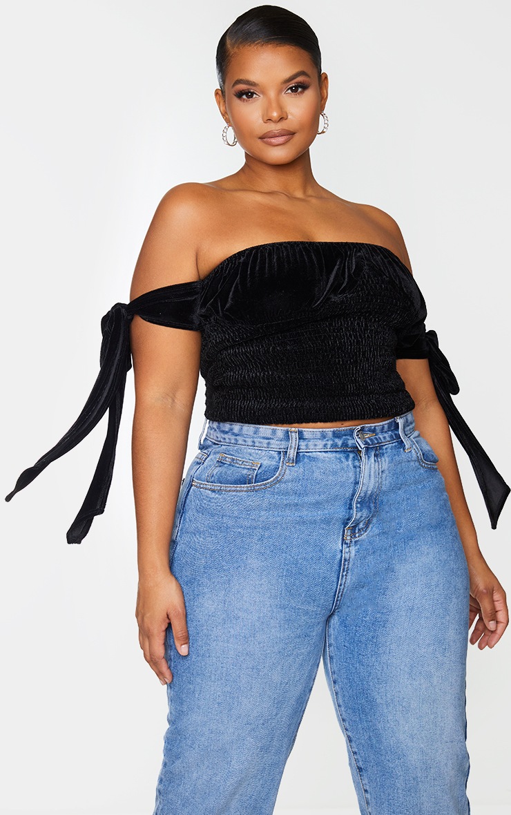 Plus Black Shimmer Sheared Detail Bardot Crop Top