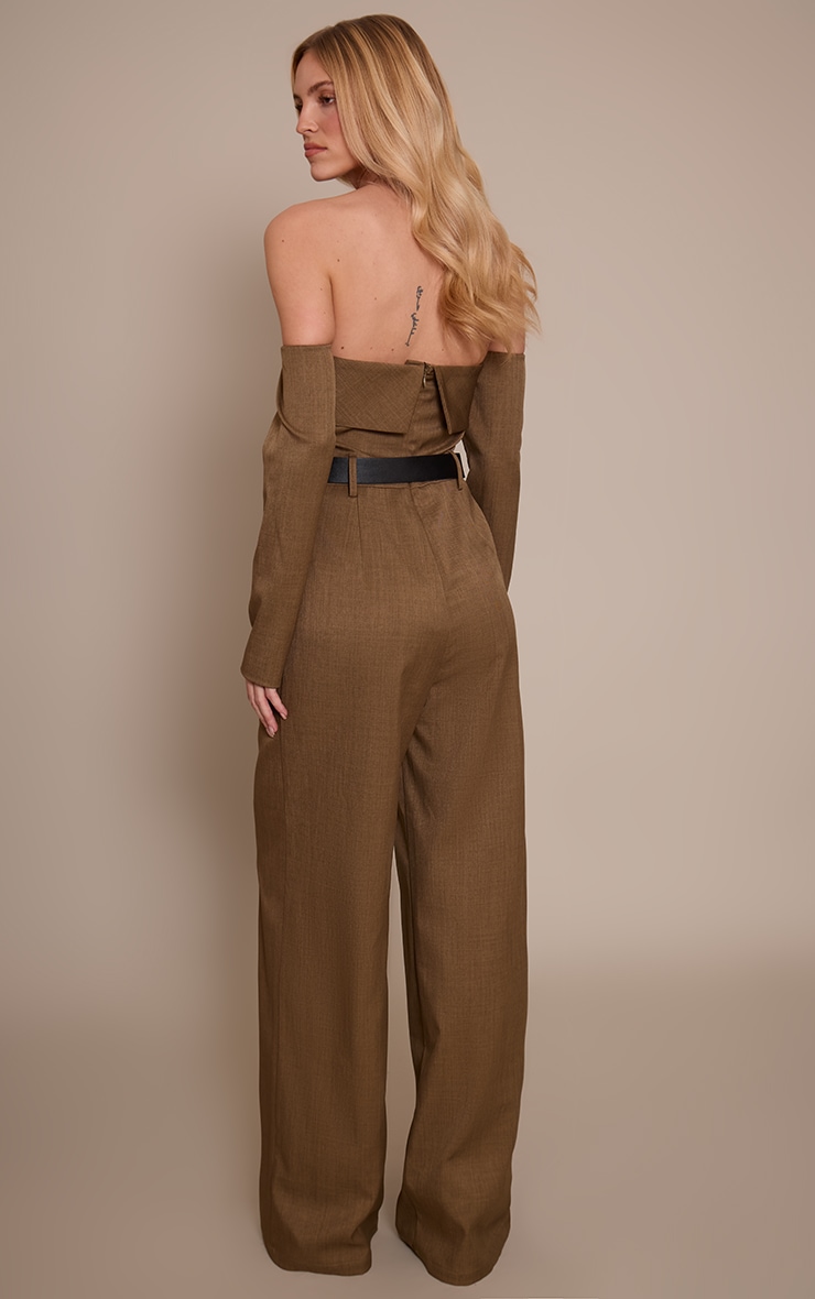 Khaki Woven Bardot Long Sleeve Belt Detail Jumpsuit image 2
