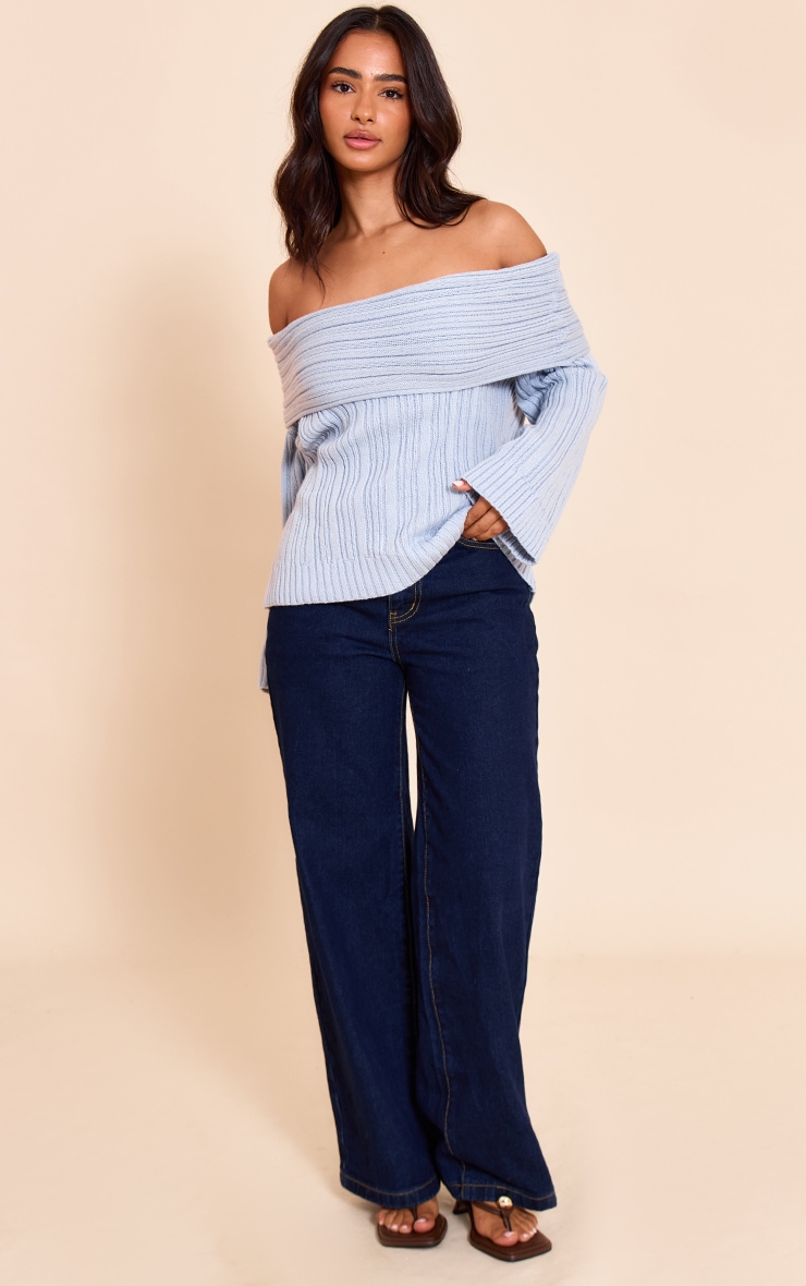Petite Pull en maille tricot bleu ciel à épaules dénudées image 3