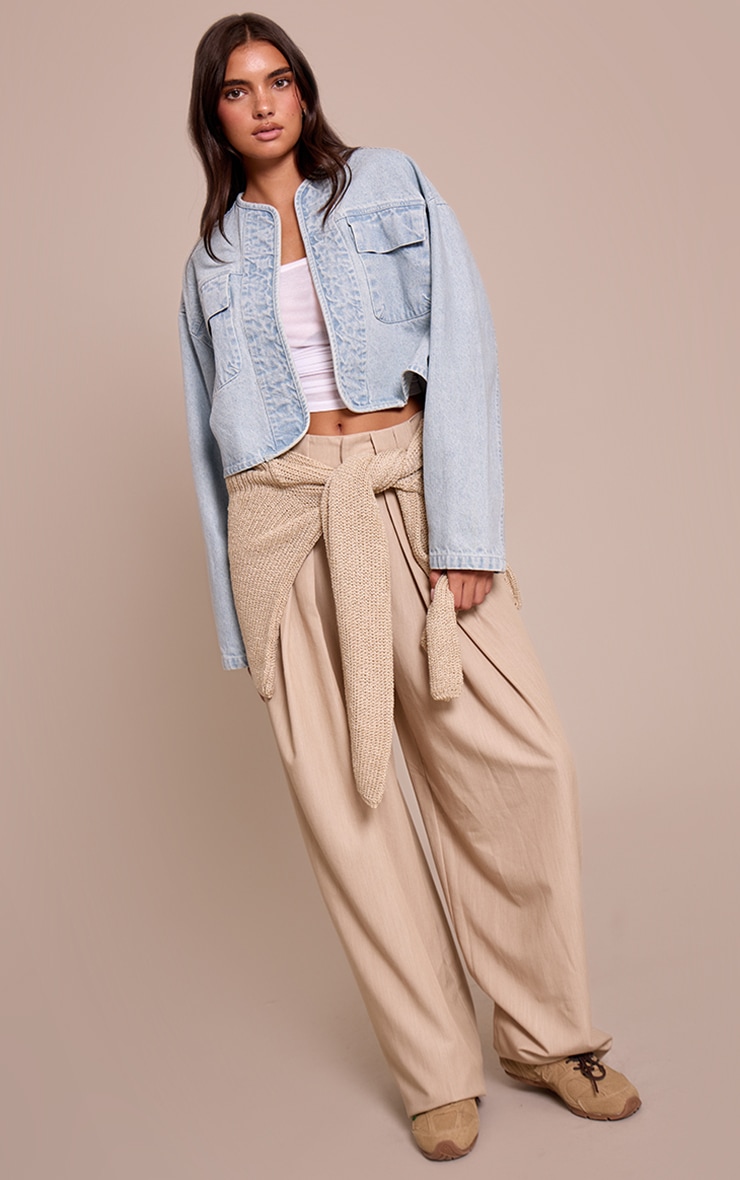 Light Blue Curved Hem Cropped Denim Jacket image 3