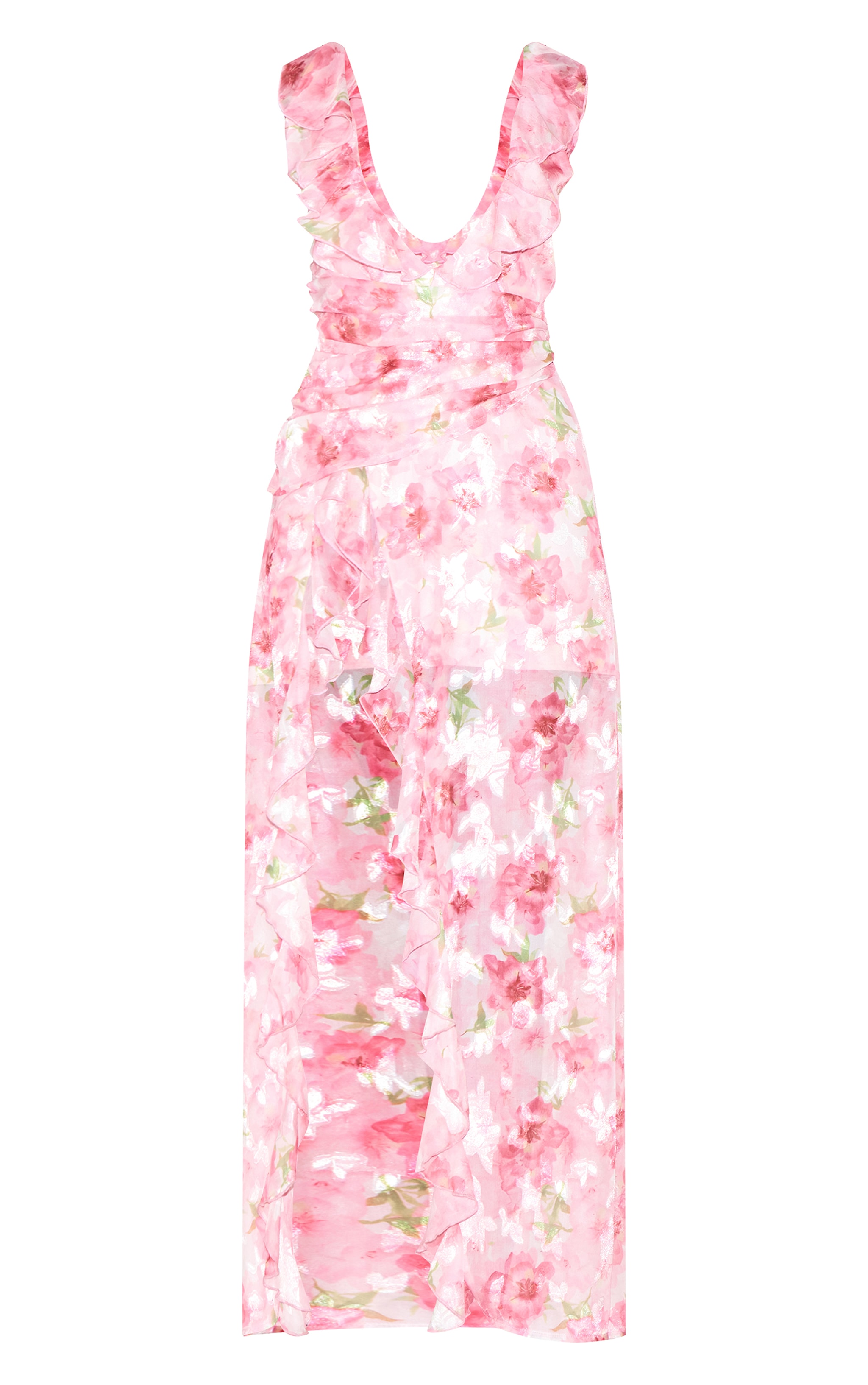 Pink Floral Chiffon Plunge Strappy Maxi Dress image 5