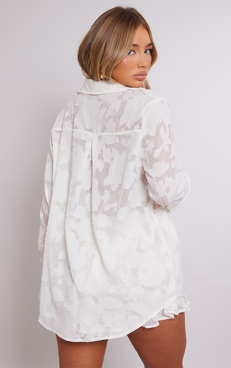 Cream Sheer Floral Textured Long Sleeve Oversized Shirt image 2