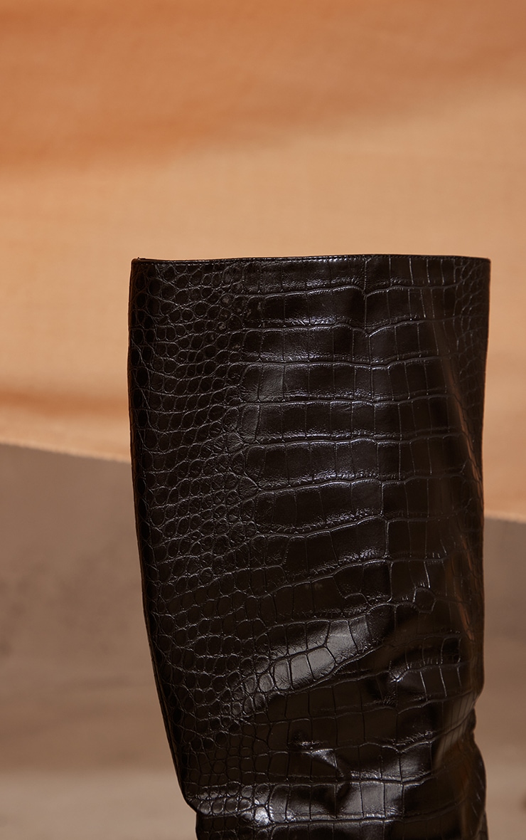 Black PU Croc Detail Point Toe Stiletto Heeled Knee Boots image 2