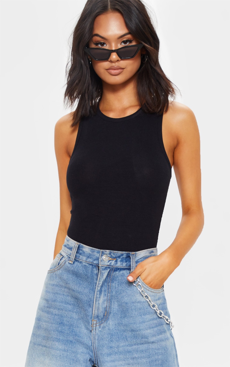 Black Soft Rib Racer Neck Sleeveless Bodysuit