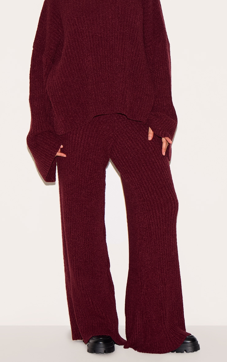 Plus Burgundy Rib Boucle Knit Wide Leg Pants image 2