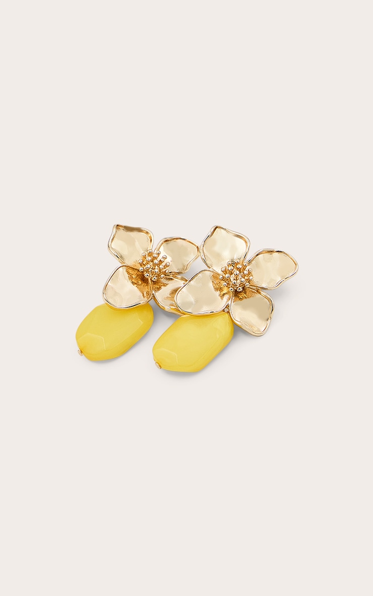 Gold Floral Earrings with Yellow Crystal Detail image 3