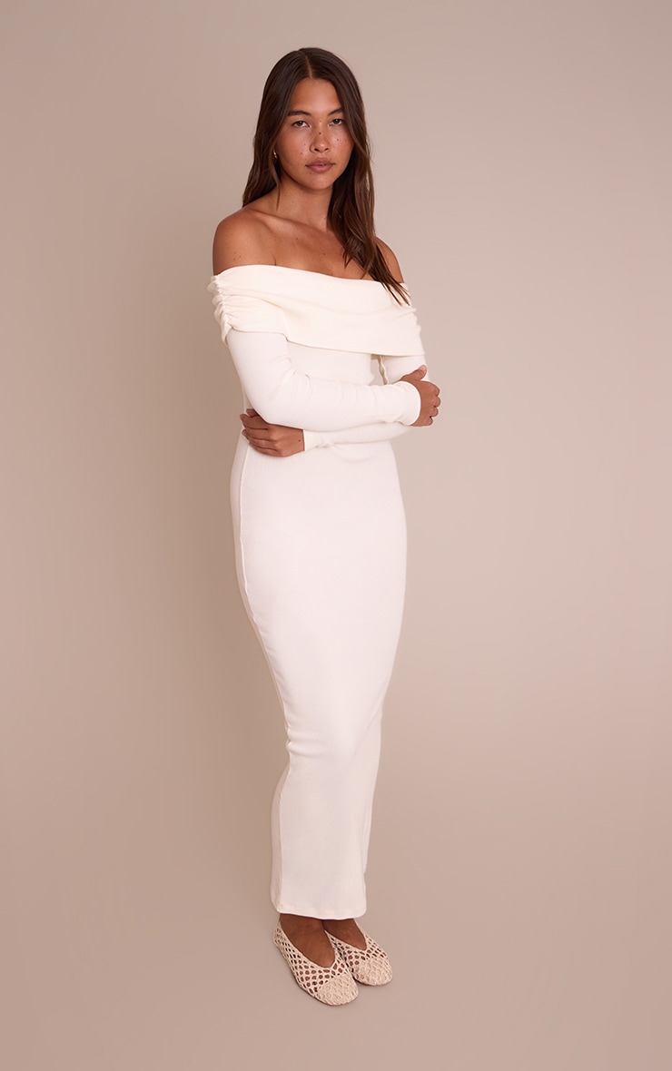 Cream Ribbed Fold Over Bardot Long Sleeve Maxi Dress image 3