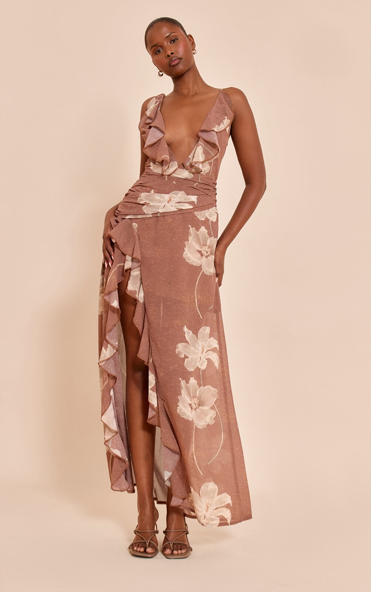 Taupe Floral Chiffon Frill Plunge Strappy Maxi Dress image 3