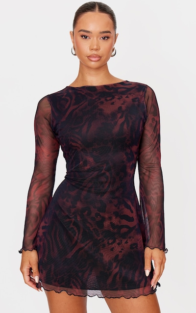 Burgundy Mesh Long Sleeve Tie Back Shift Dress