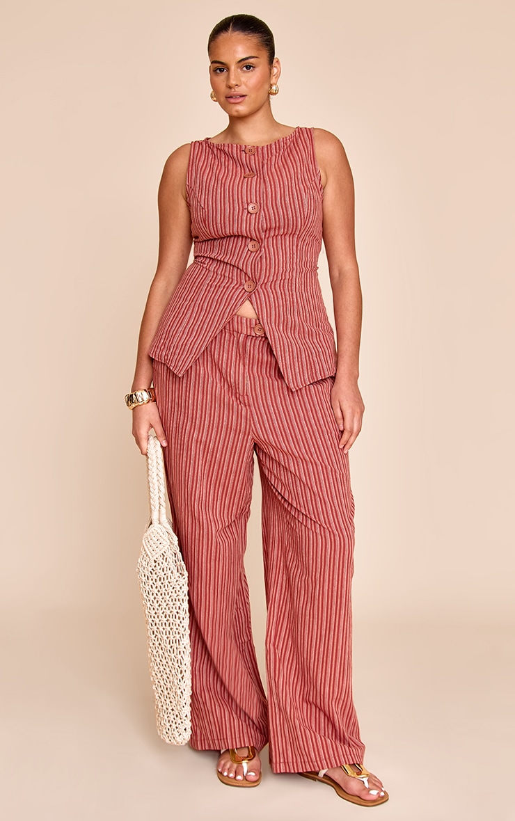 Plus Red Boat Neckline Button Down Linen Look Stripe Vest image 3