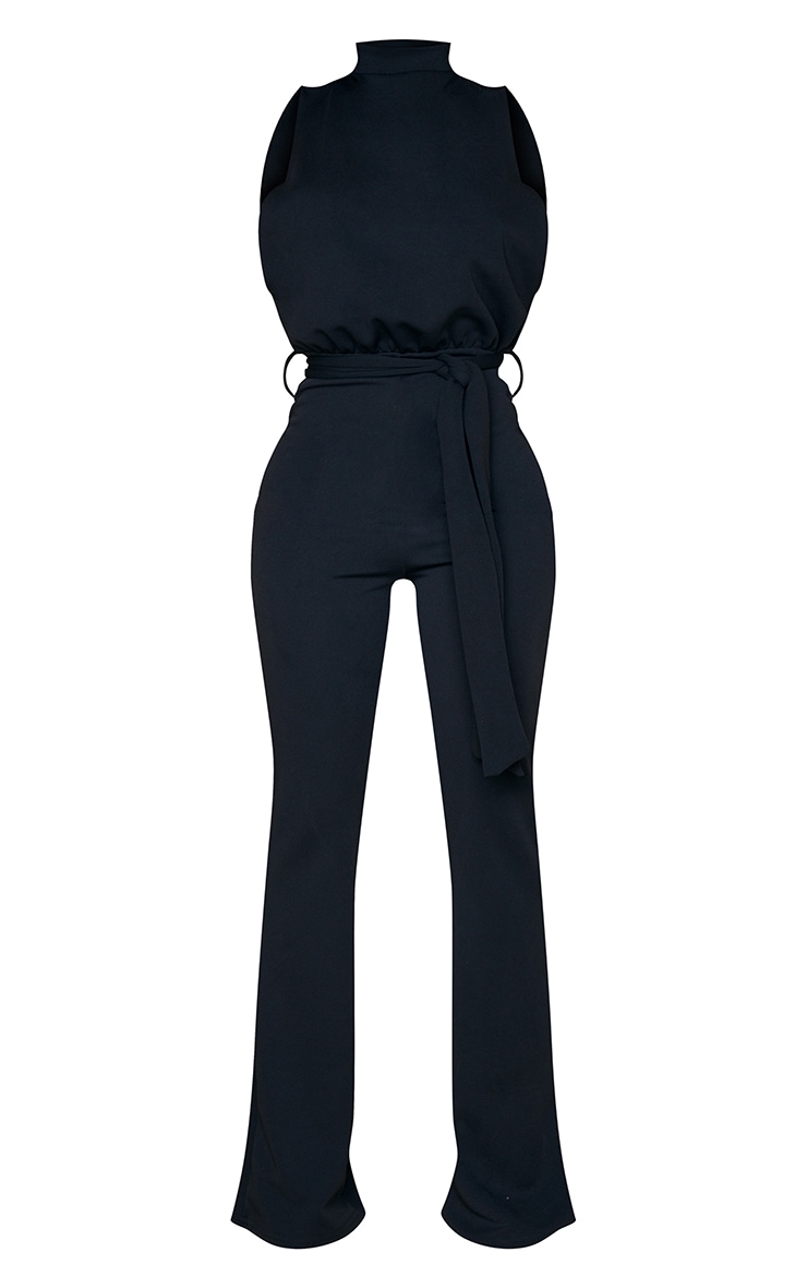 Petite Black Scuba High Neck Tie Waist Jumpsuit image 5