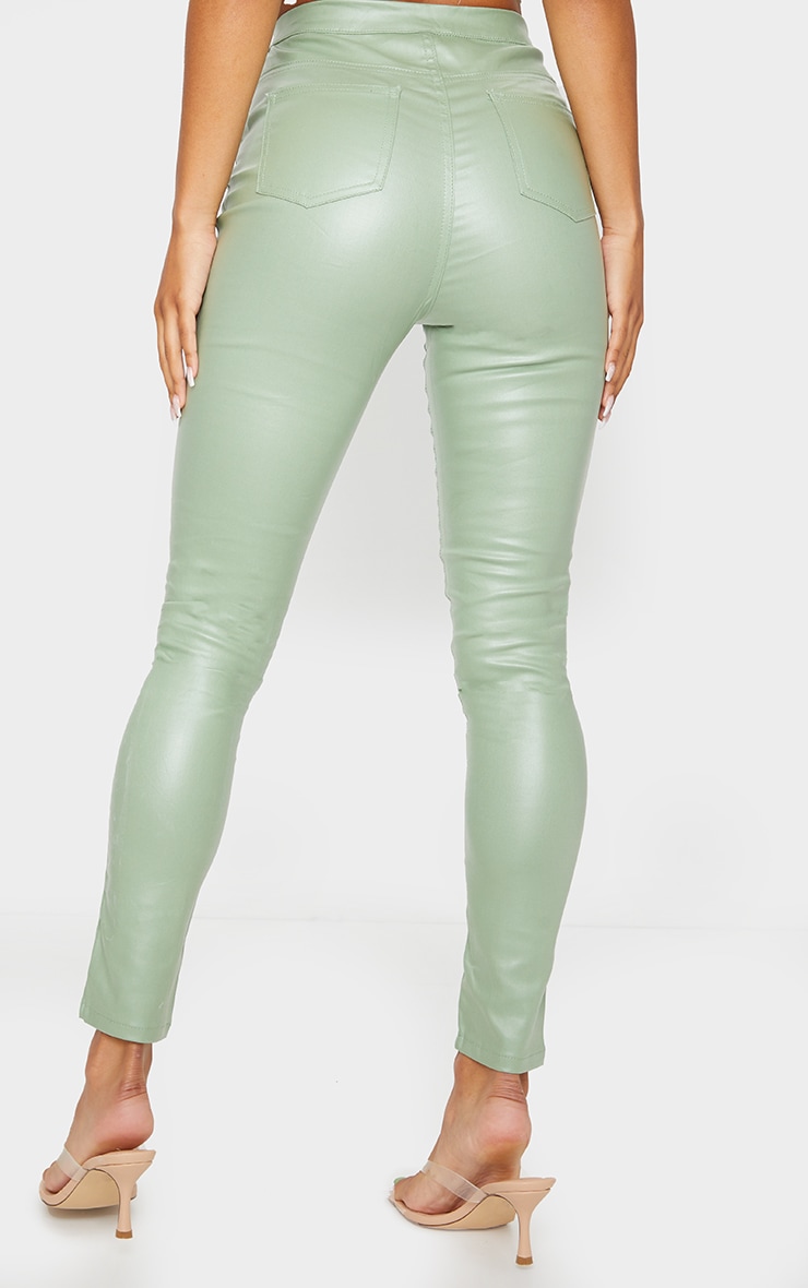 Sage Green Biker Detail Coated Skinny Jeans PrettyLittleThing USA