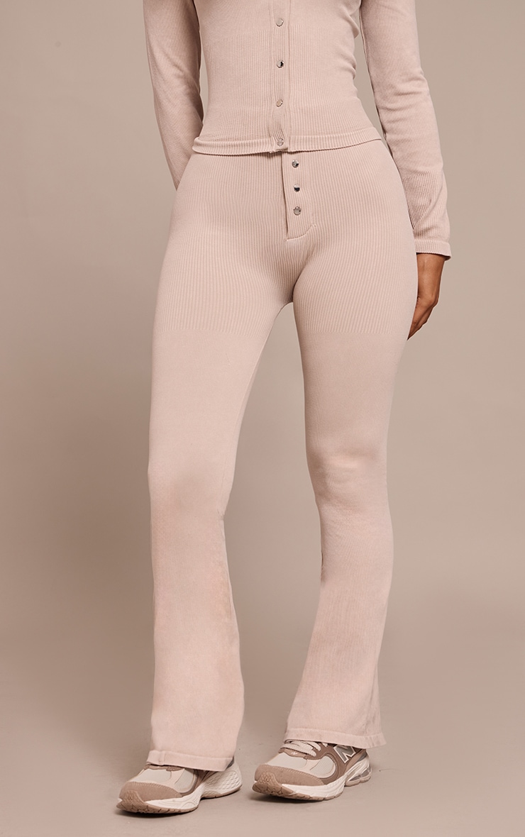 Petite Stone Snatched Rib Button Detail Flare Leggings image 2