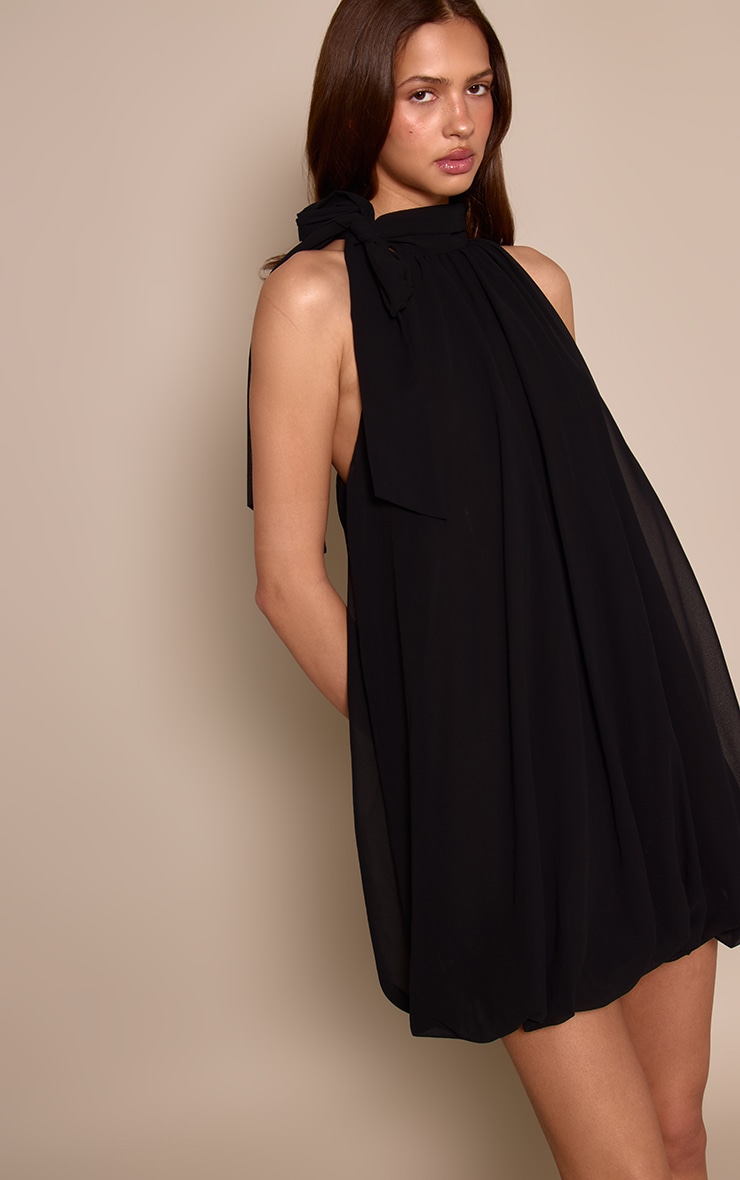 Black Chiffon Neck Tie Puffball Mini Dress
