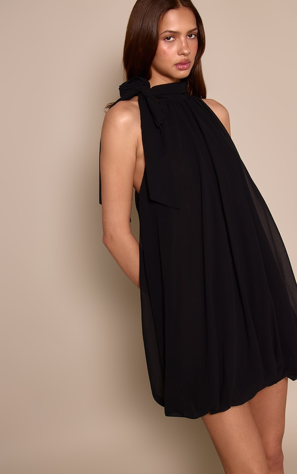 Black Chiffon Neck Tie Puffball Mini Dress