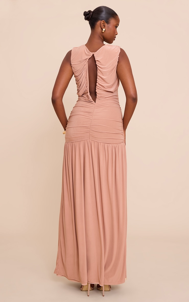 Taupe Boat Neck Ruched Detail Maxi Dress image 2