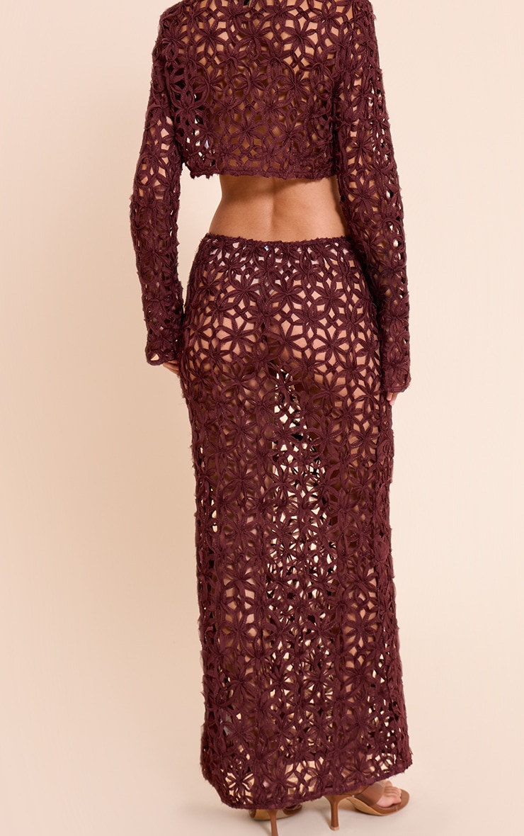 Dark Brown Textured Floral Maxi Skirt image 3