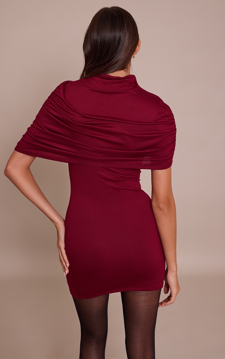 Burgundy Double Contour Asymmetric Overlay Detail Bodycon Dress image 2