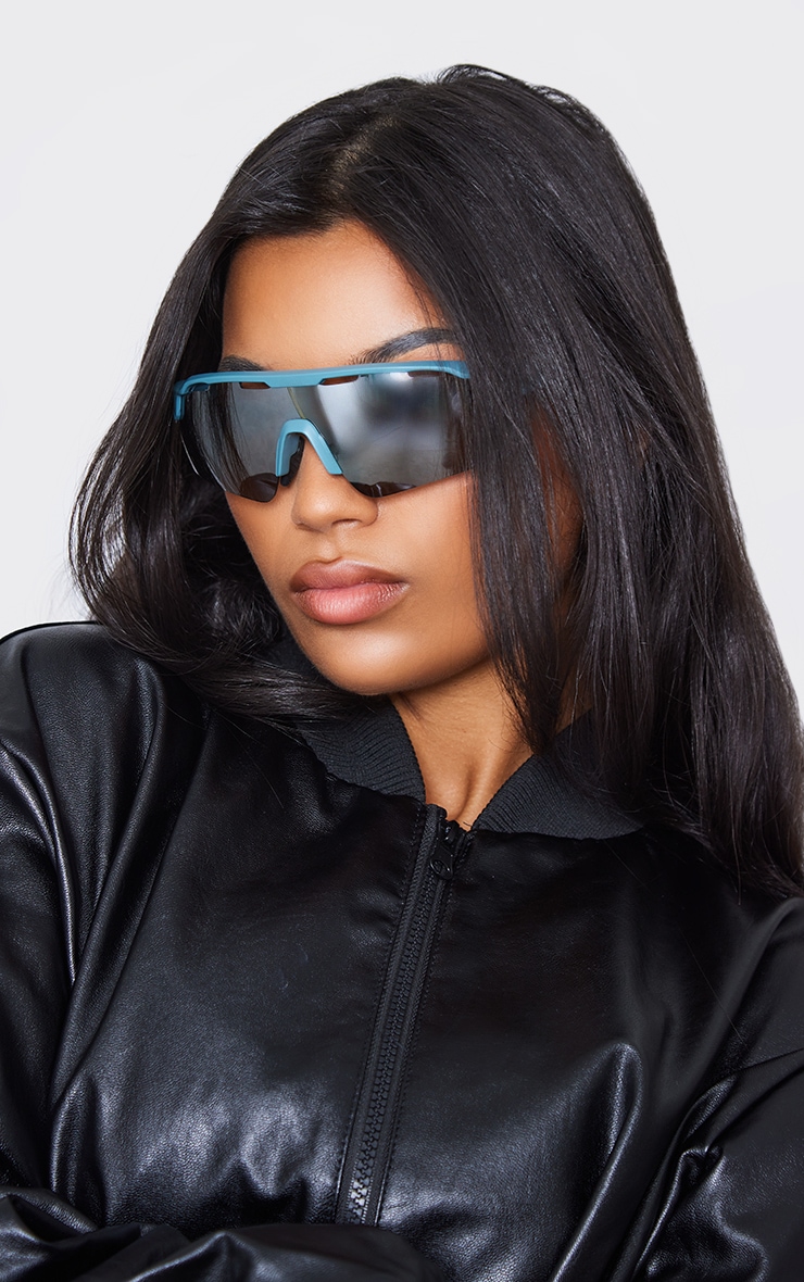 Teal Matte Frame Cut Out Sporty Visor Sunglasses PrettyLittleThing UAE