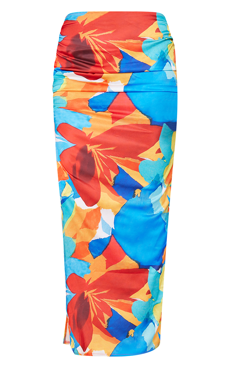 Orange Floral Printed Satin Tie Waist Knot Front Midaxi Skirt image 5