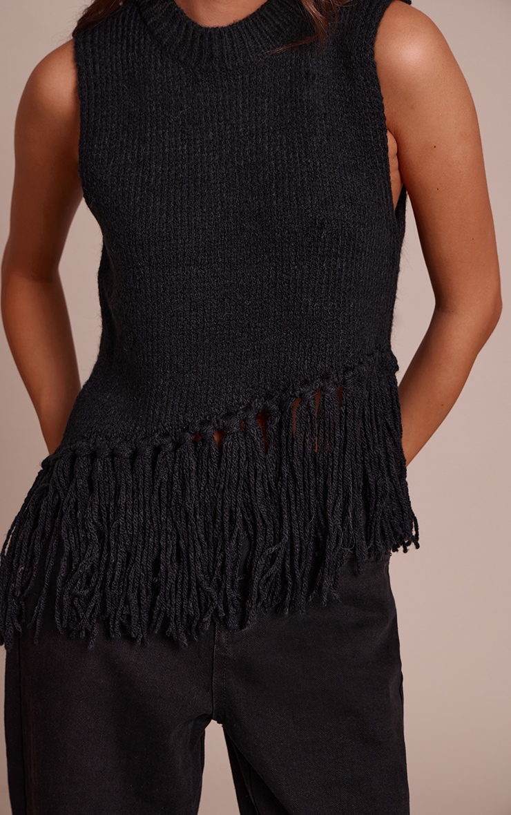 Pull noir sans manches à franges image 4