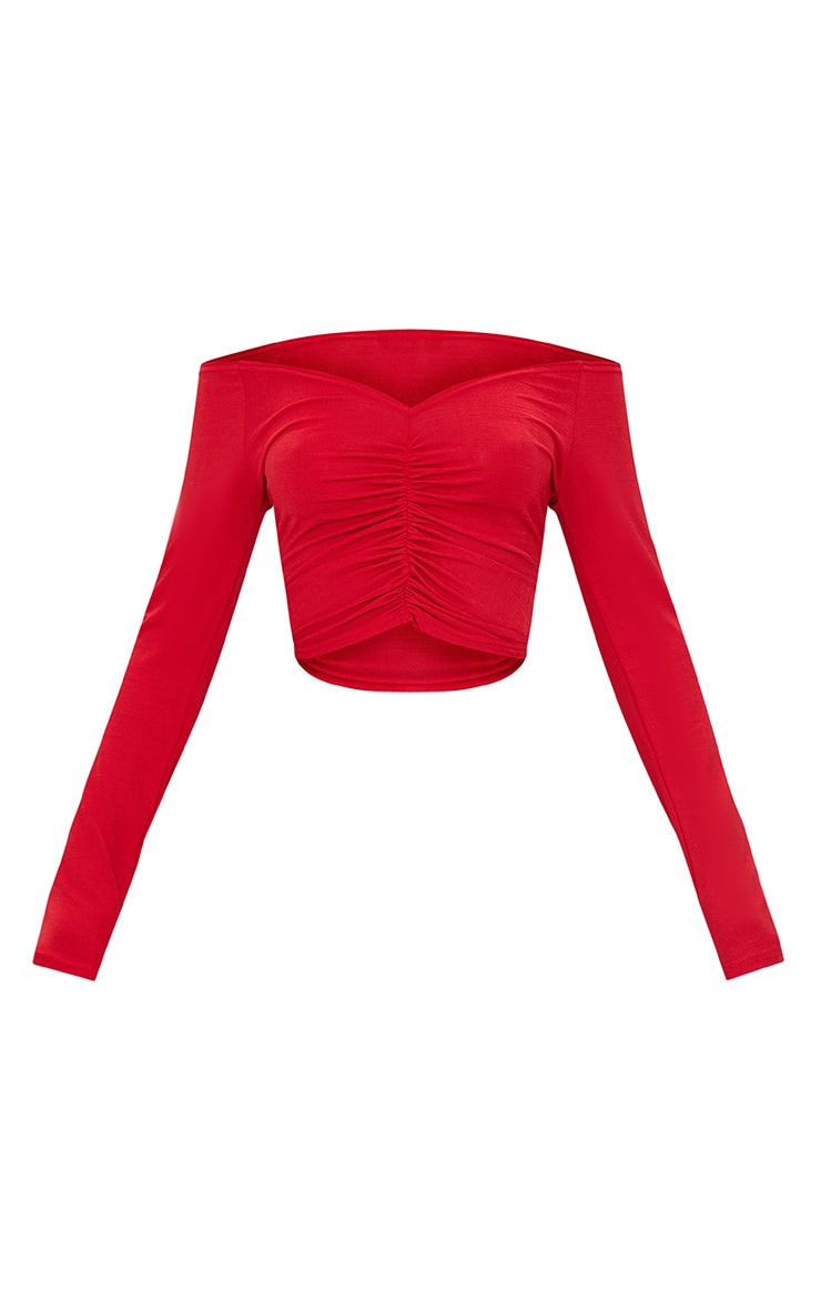 Red Slinky Ruched Front Long Sleeve Crop Top image 3