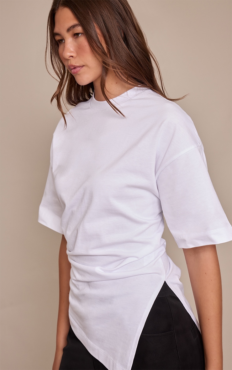 White Cotton Ruched Side Detail Oversized T Shirt image 4
