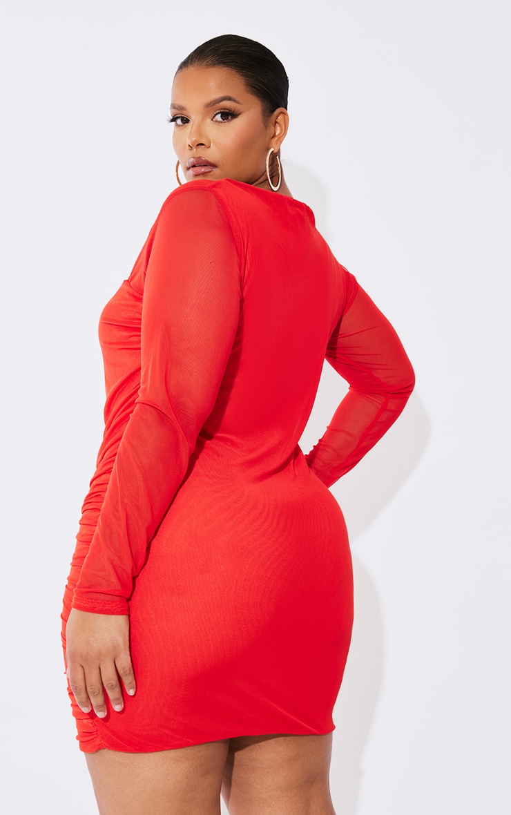 Plus Red Mesh Square Neck Ruched Bodycon Dress image 2