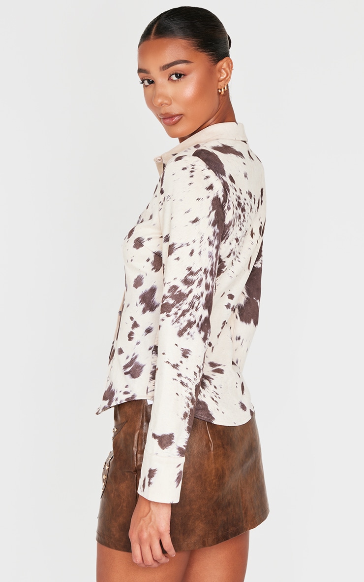 Prettylittlething Women s Camel Faux Suede Cow Print Fitted Shirt Size 2