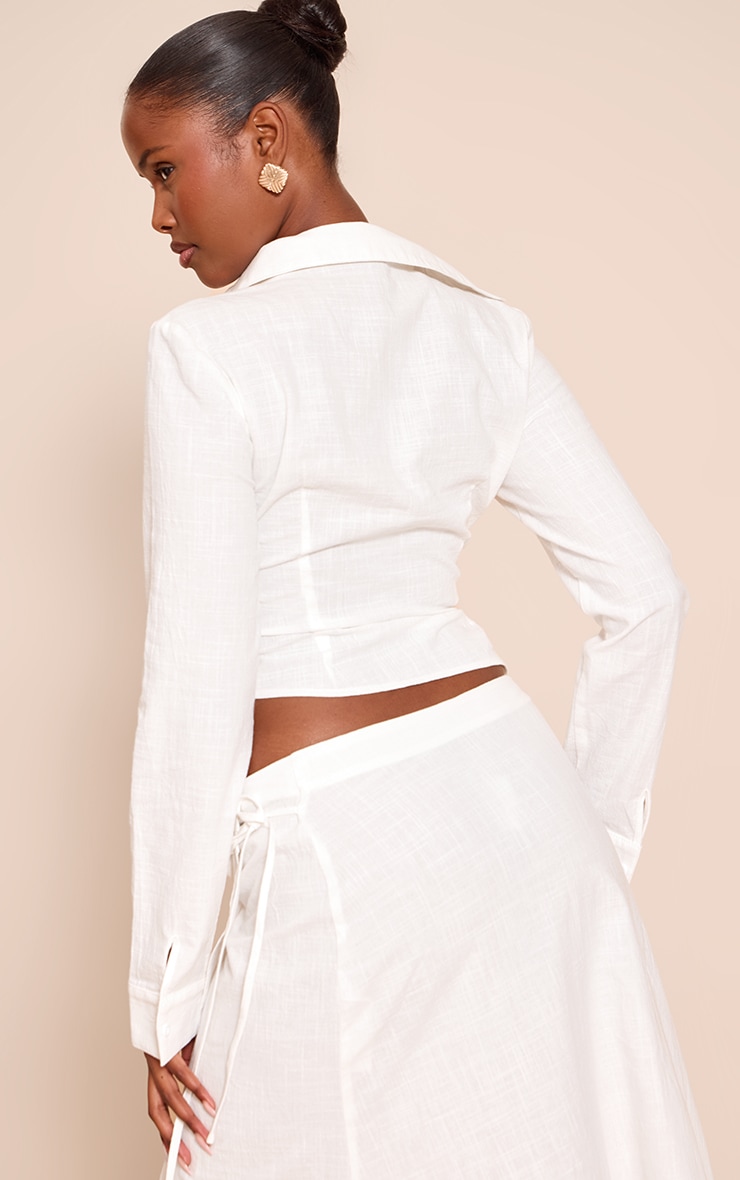 White Linen Look Twist Plunge Shirt image 2