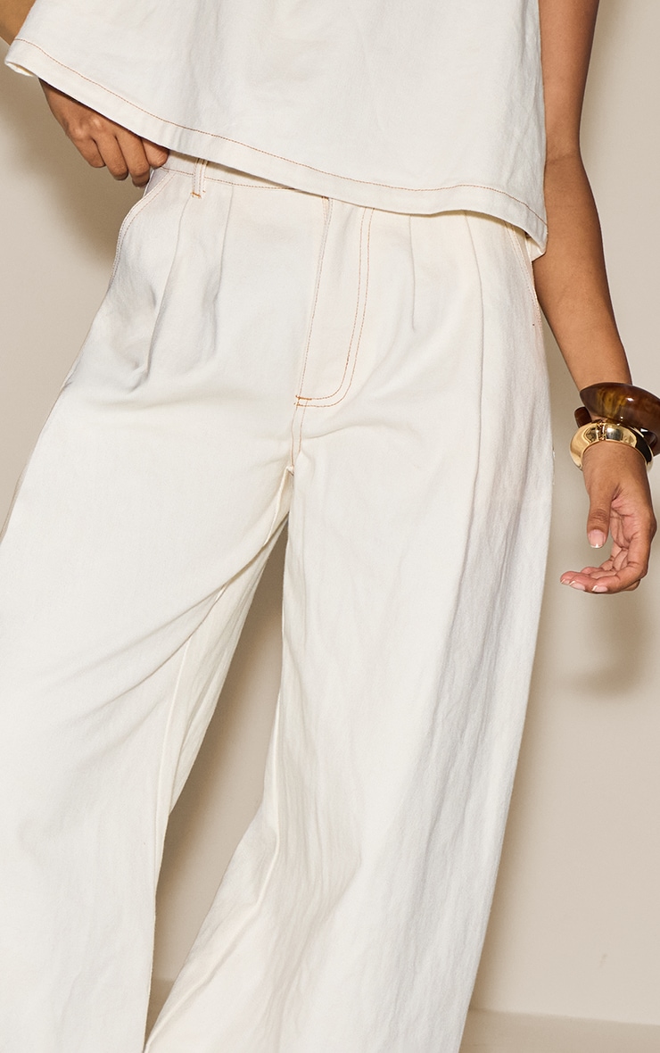 Ecru Pleated Wide Leg Jeans image 4
