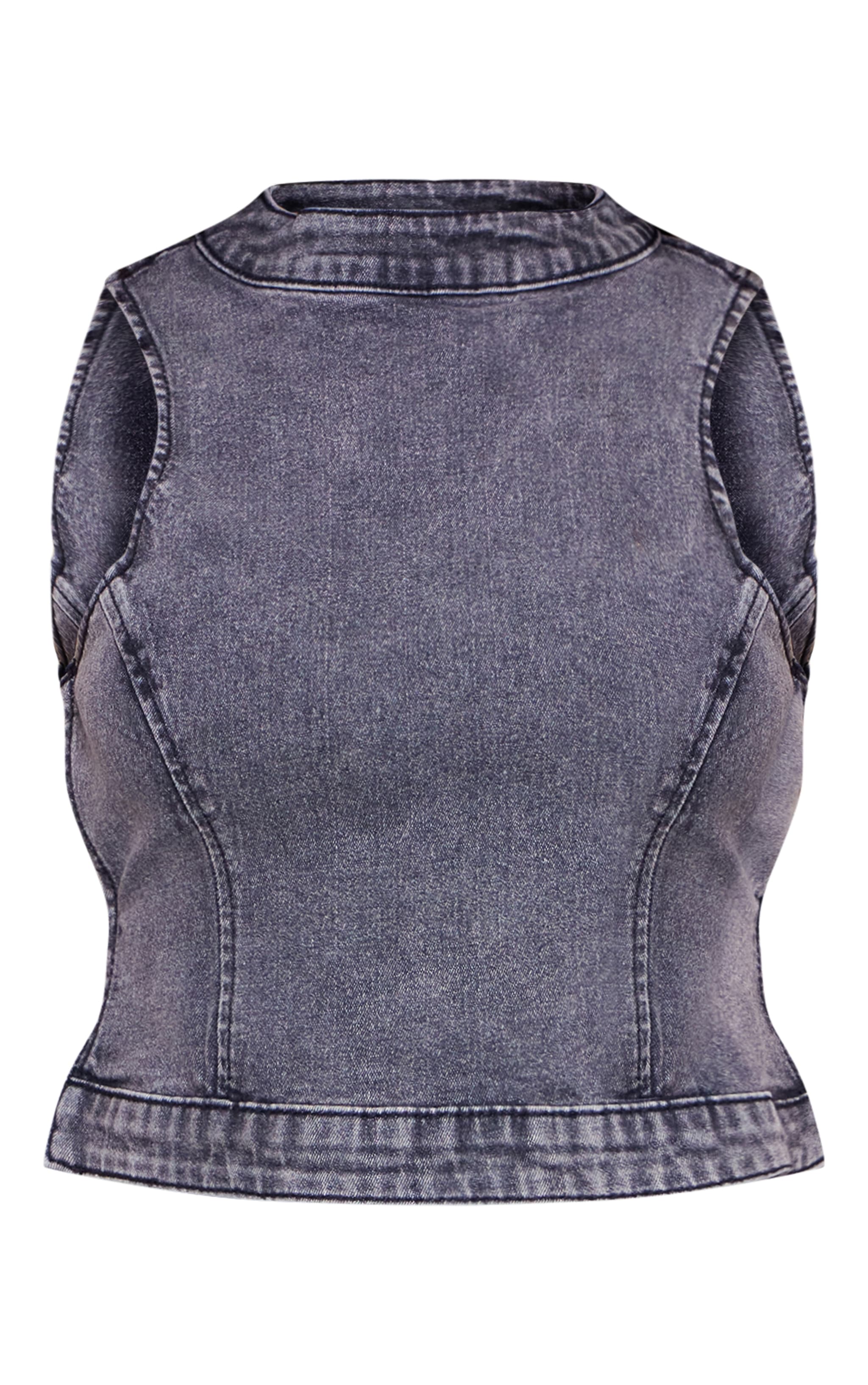 Petite Washed Charcoal Denim Backless Top image 5