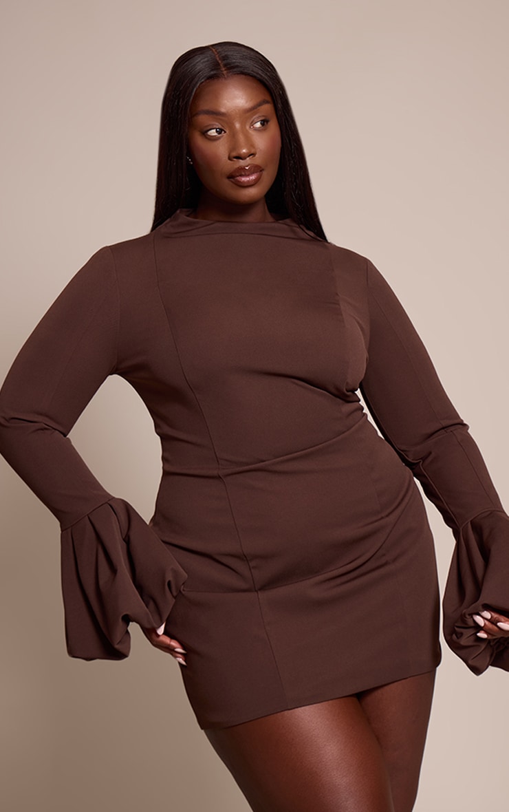 Plus Chocolate High Neck Puff Sleeve Bodycon Dress image 1