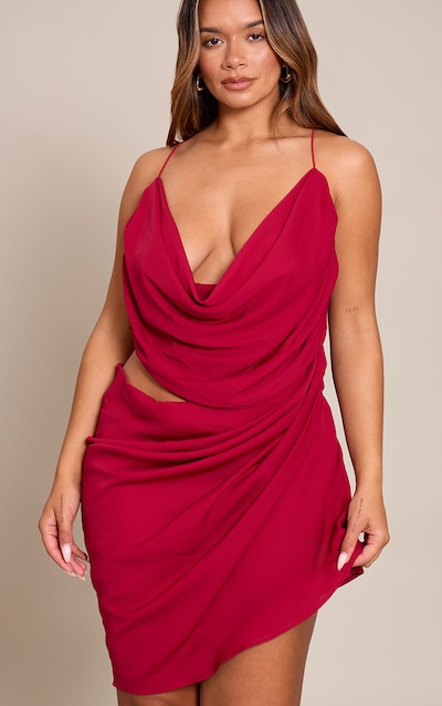 Shape Burgundy Chiffon Drape Cut Out Mini Dress