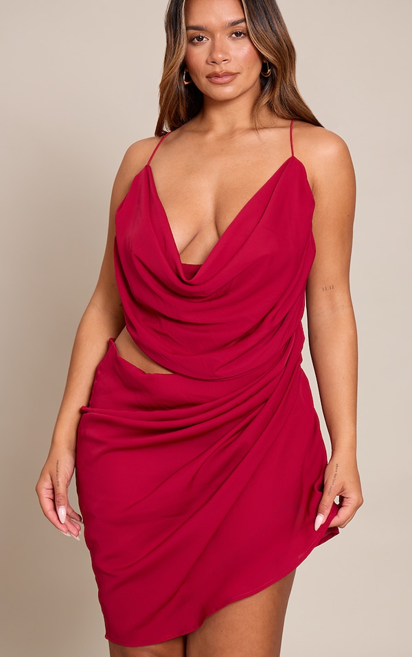 Shape Burgundy Chiffon Drape Cut Out Mini Dress
